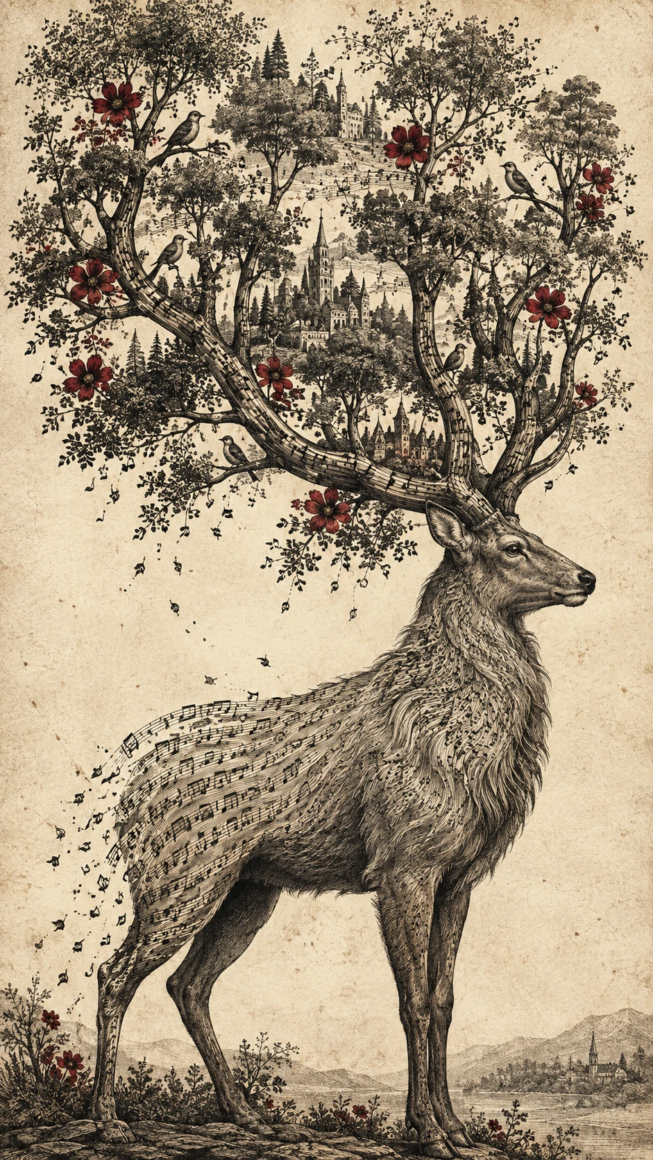 A Stag Stands in Profile with Antlers Transformed into a Miniature Forest