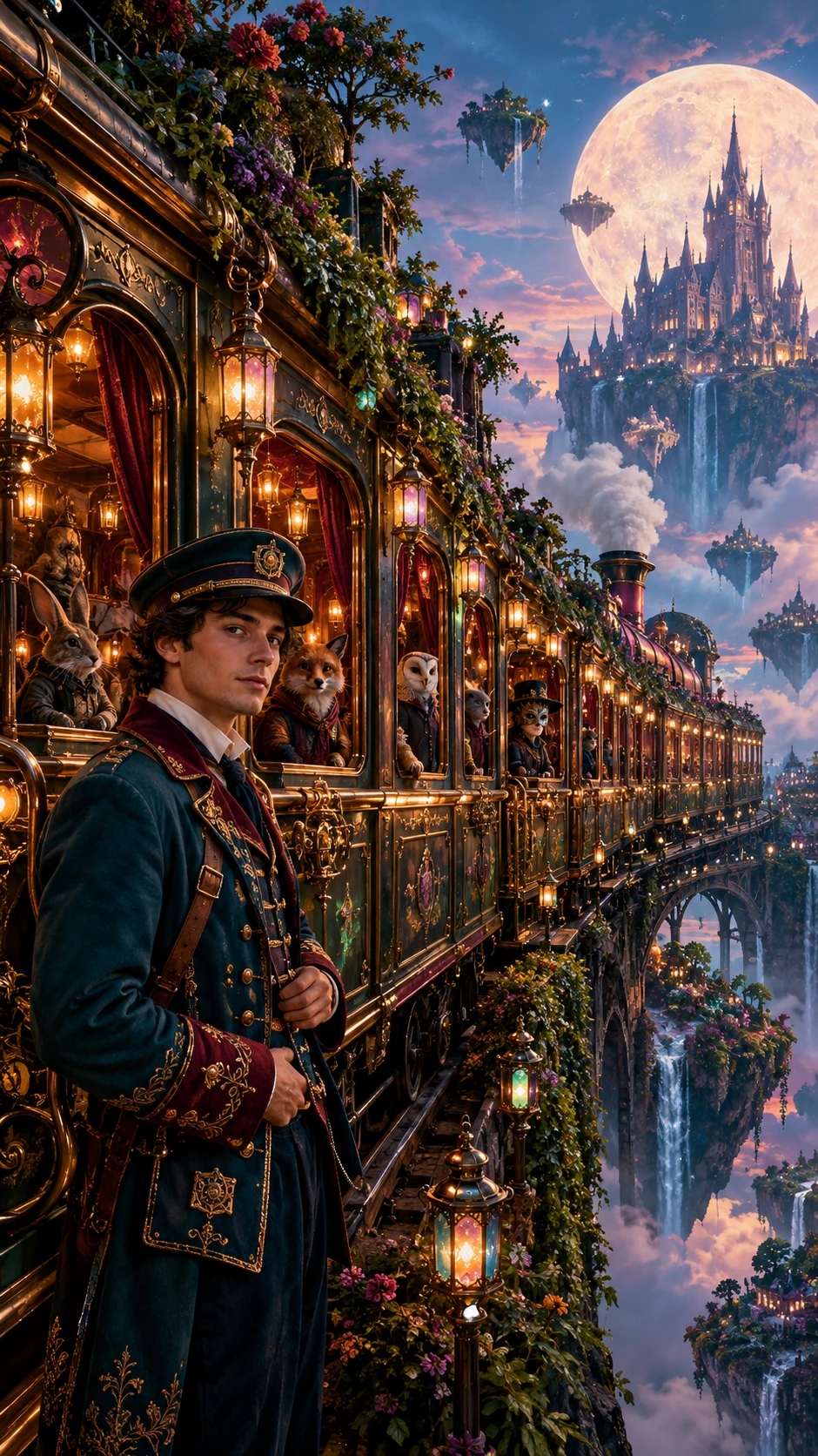 Un joven revisor está junto a un tren ornamentado en un paisaje fantástico