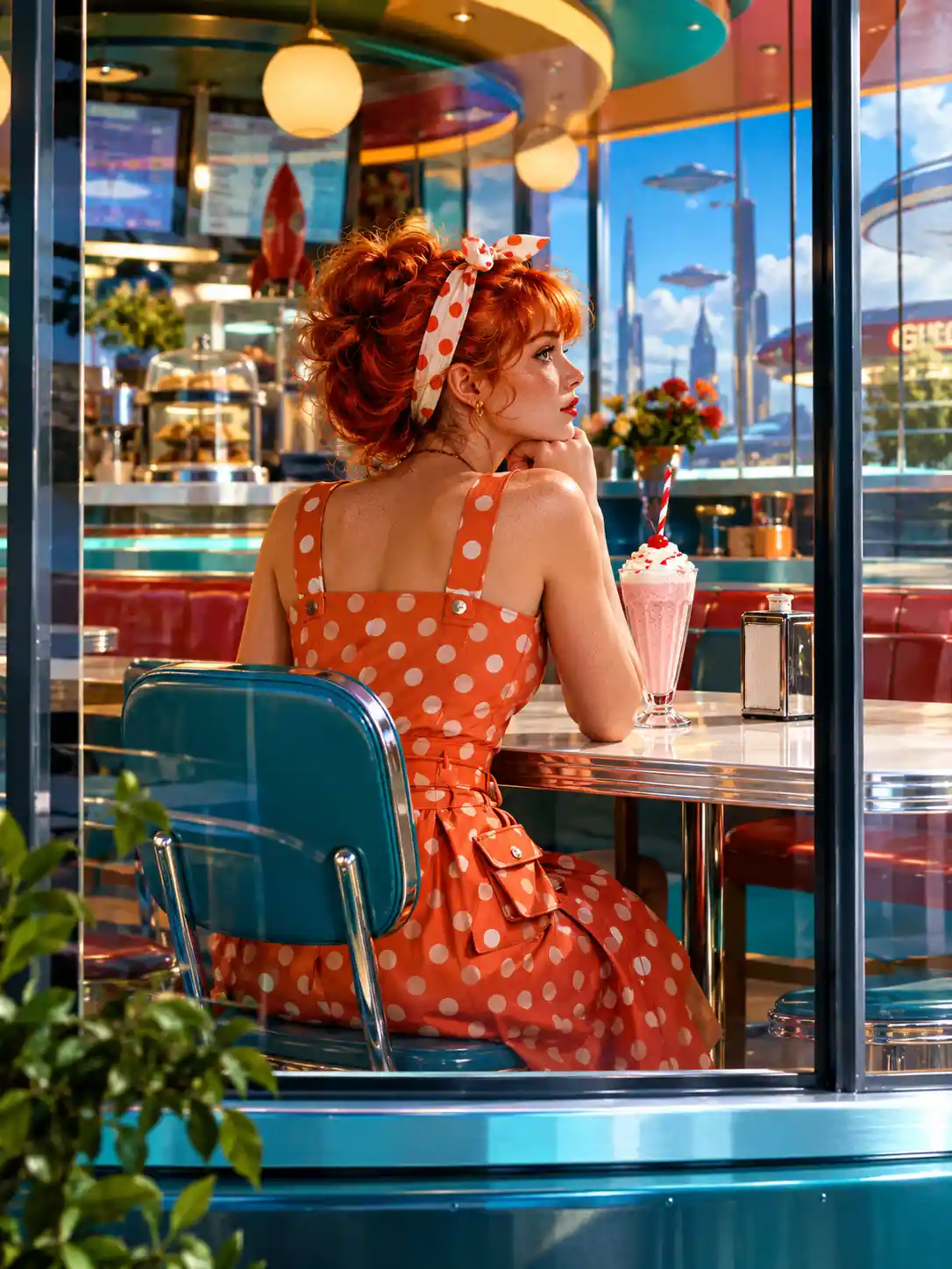 Una joven disfruta de un batido en una cafetería retrofuturista