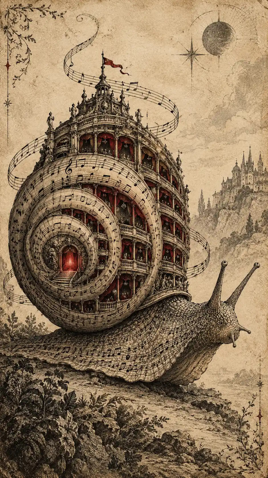 A Giant Snail Crosses Parchment With an Opera House Shell