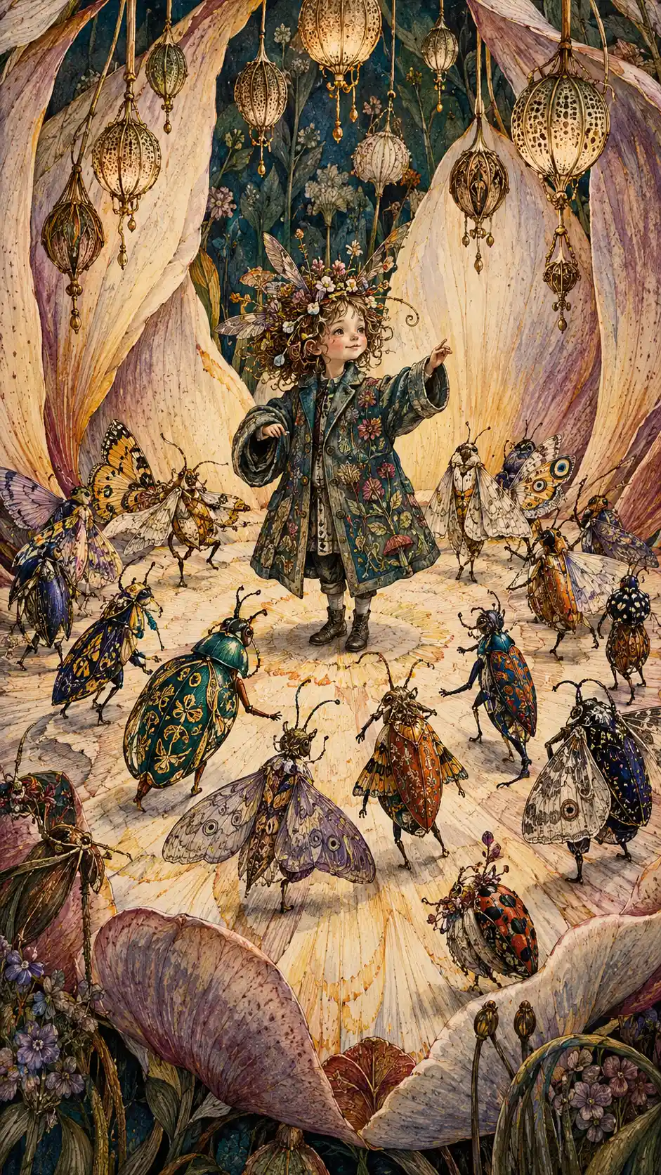 A woodland child stands in a vast flower ballroom