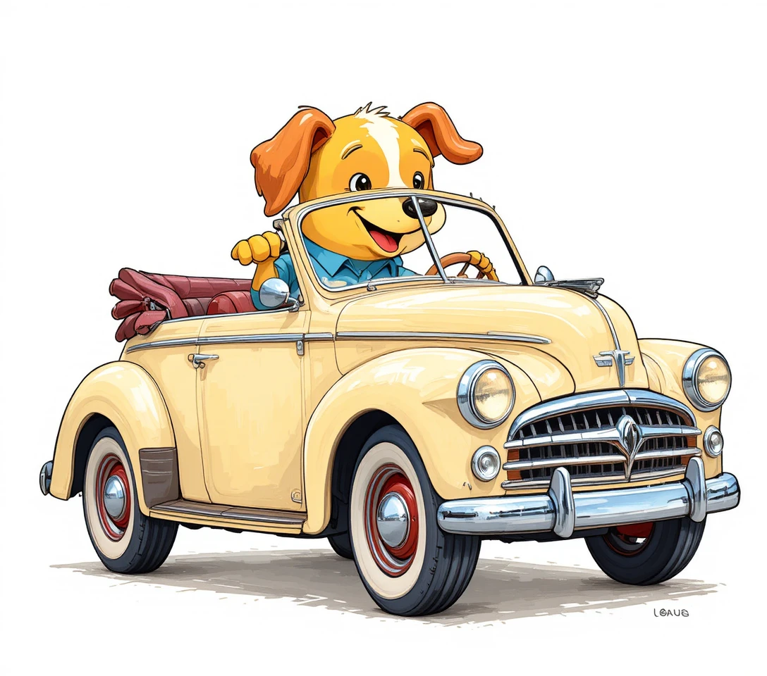 Un alegre perro de dibujos animados conduce un descapotable clásico sobre un fondo blanco