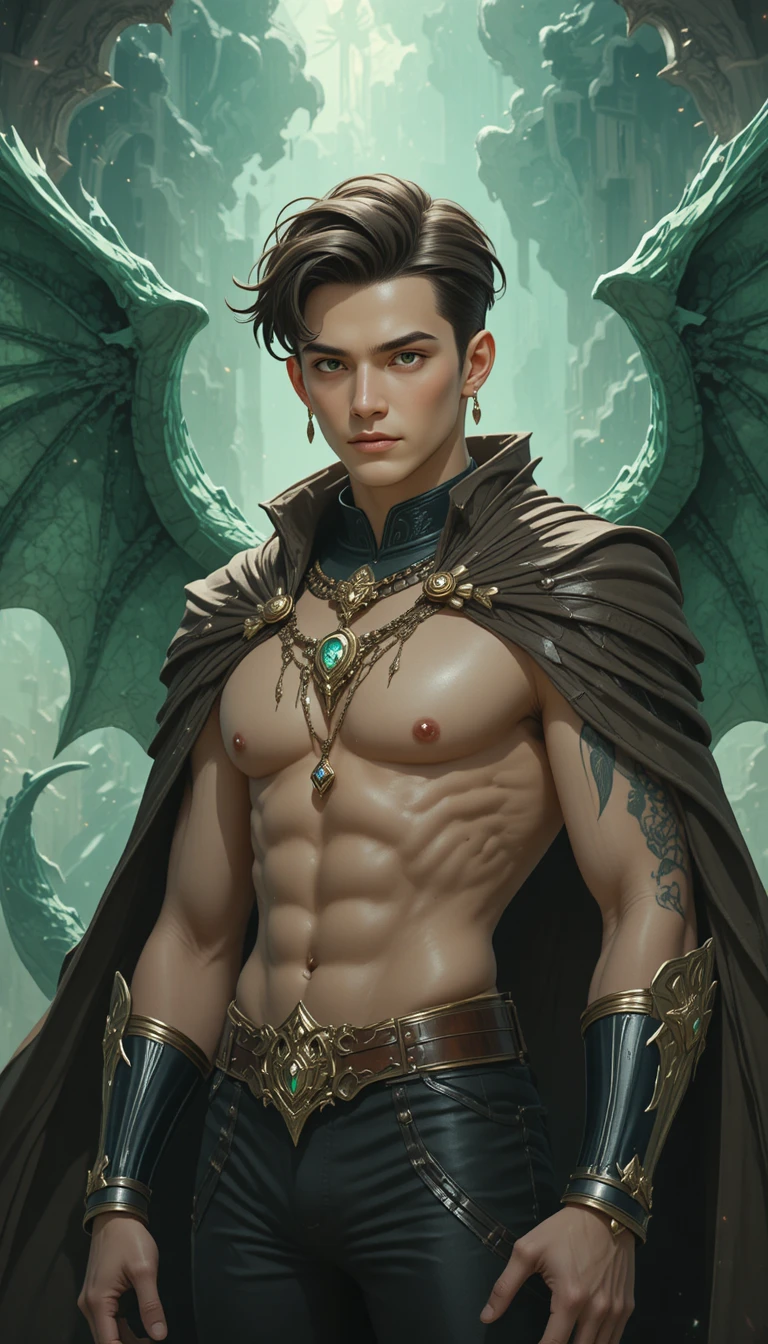 A young dragon hybrid with emerald eyes and dark green wings