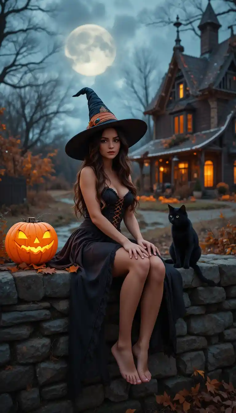 A Woman Dressed as a Witch Sits on an Old Stone Wall