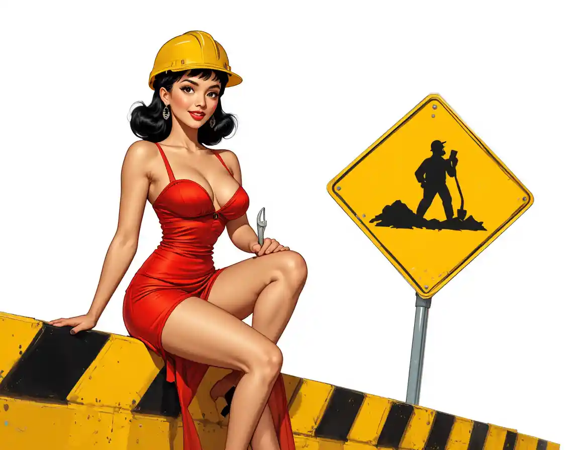 Una mujer pin-up posa con una llave inglesa junto a una señal de obras