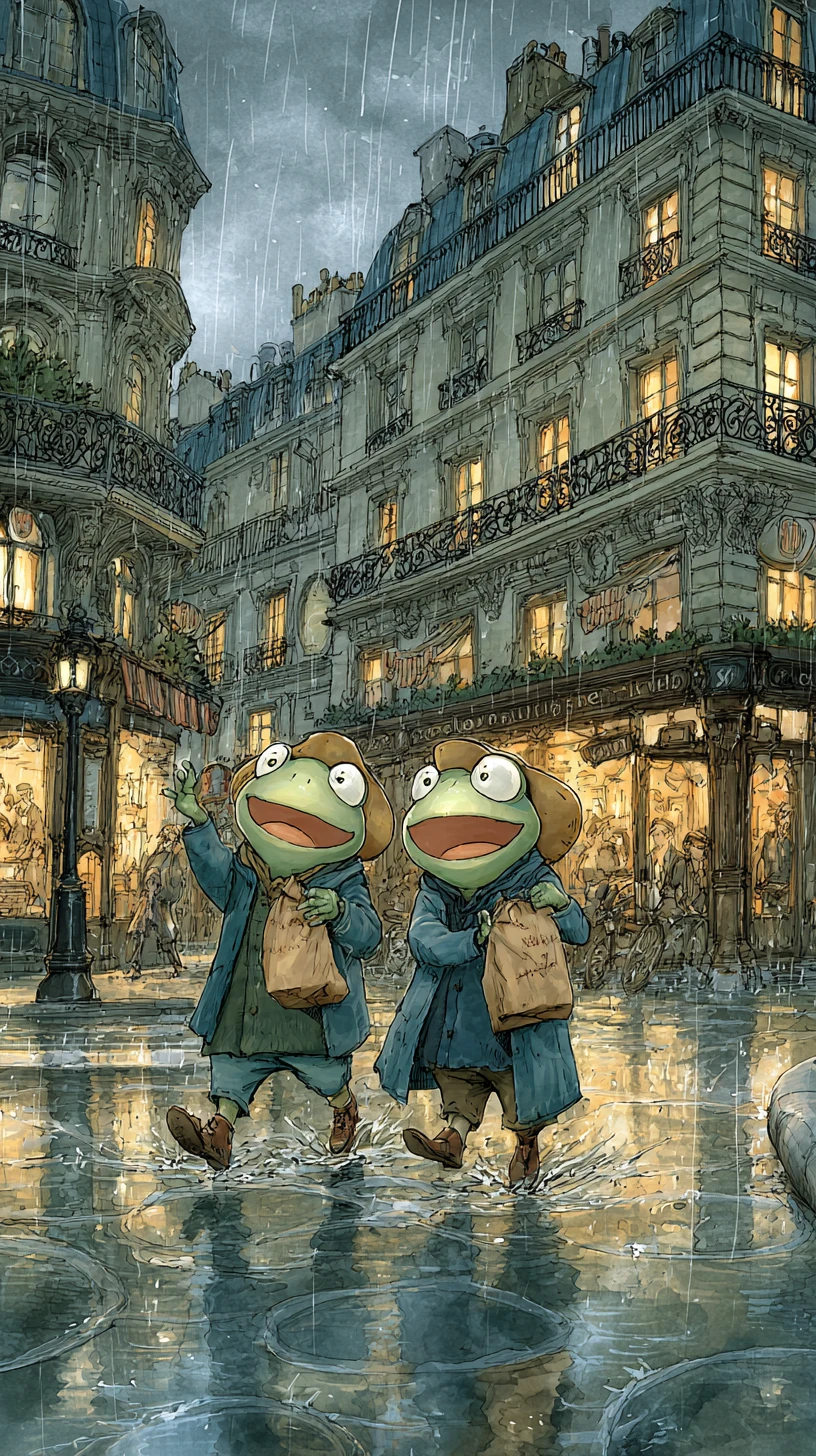 Dos ranas ríen en una calle empapada por la lluvia en Nueva York