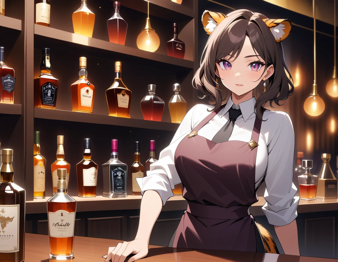 Bartender tigresa de anime detrás de la barra de un speakeasy