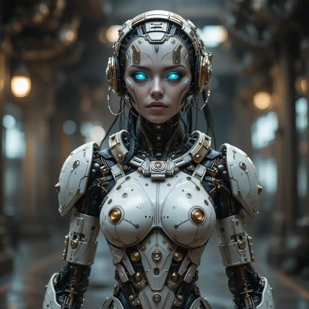 A 3D steampunk female android character with a science fiction look
