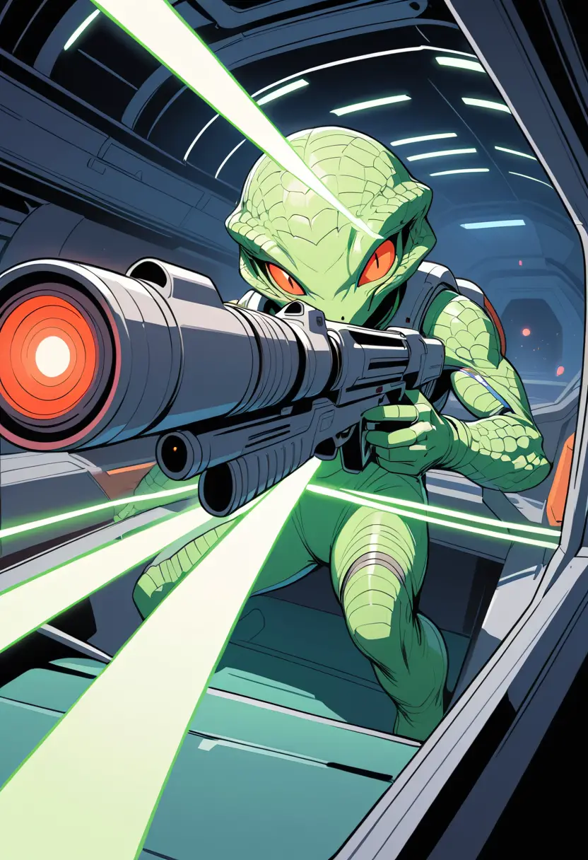 A reptilian alien fires a laser gun inside a spaceship hangar