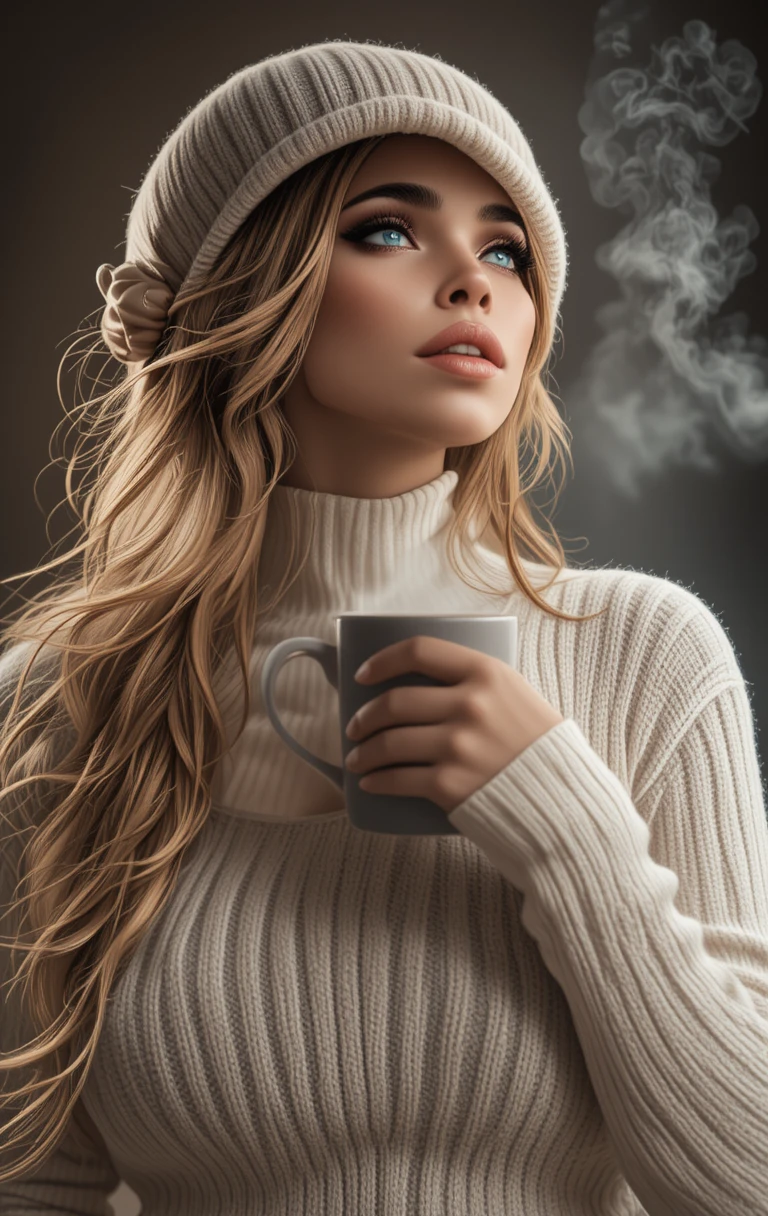 Mujer rubia con jersey de cuello alto color crema sorbe café humeante entre la niebla