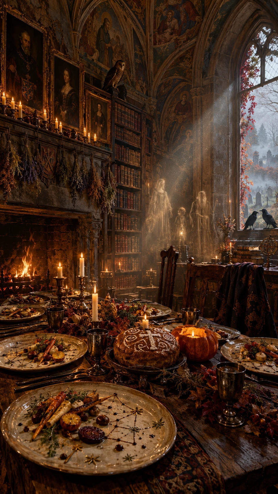 A Gothic castle library filled with ancient bookshelves and faded frescoes