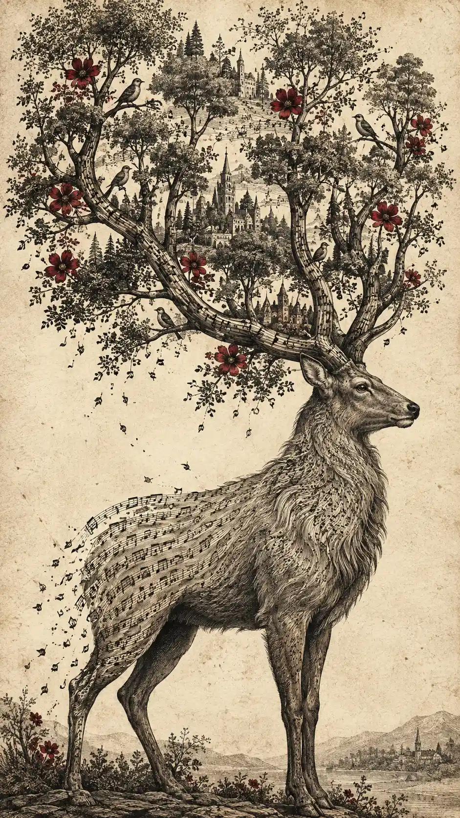 A Stag Stands in Profile with Antlers Transformed into a Miniature Forest
