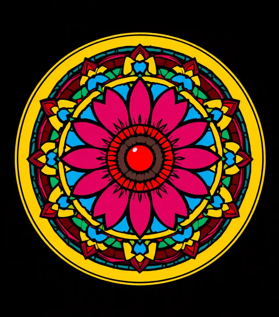 Un mandala colorido y simétrico con formas florales y geométricas radiantes