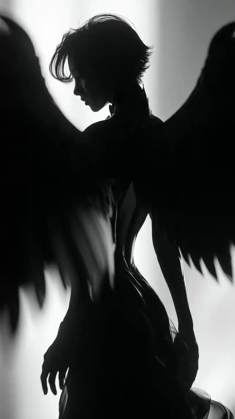 A female angel with huge symmetrical wings viewed from behind