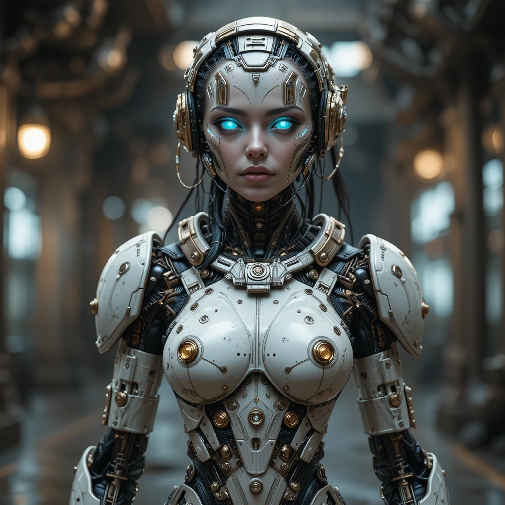 Personaje androide femenina steampunk en 3D con aspecto de ciencia ficción