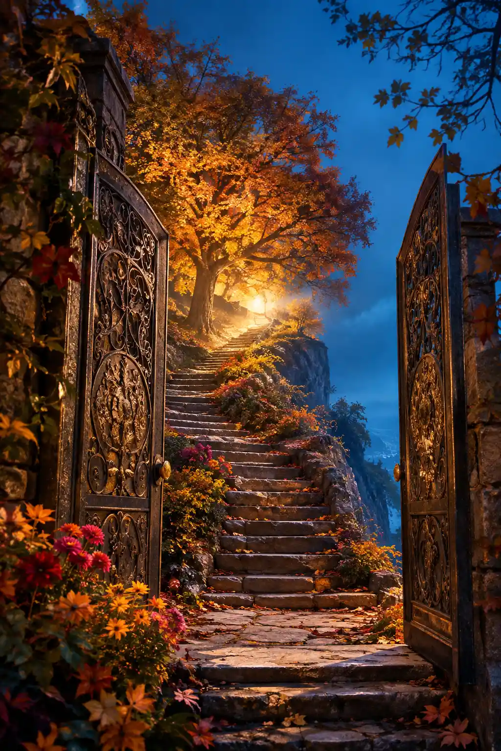 Un portail orné ouvre sur un escalier sinueux bordé de fleurs d’automne