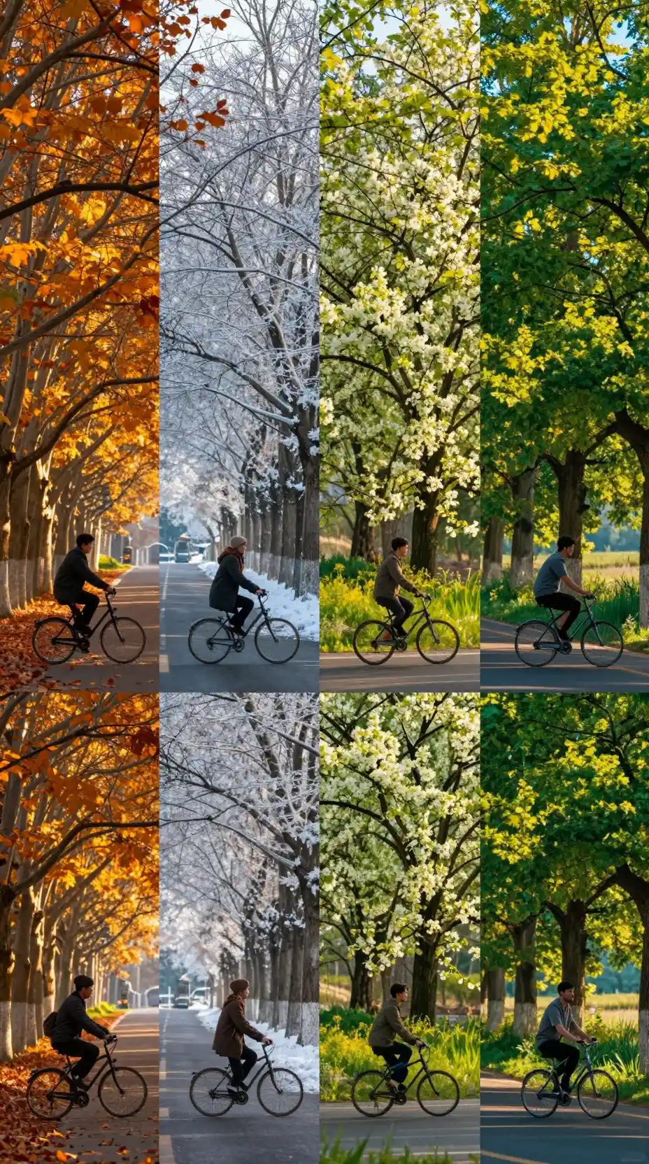 A cyclist rides through four seasons along a tree lined road