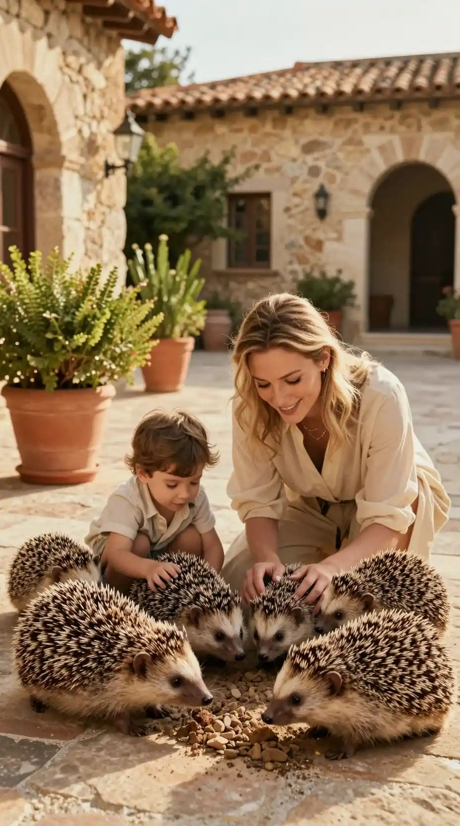 A hedgehog family forages beneath golden hour light in a courtyard