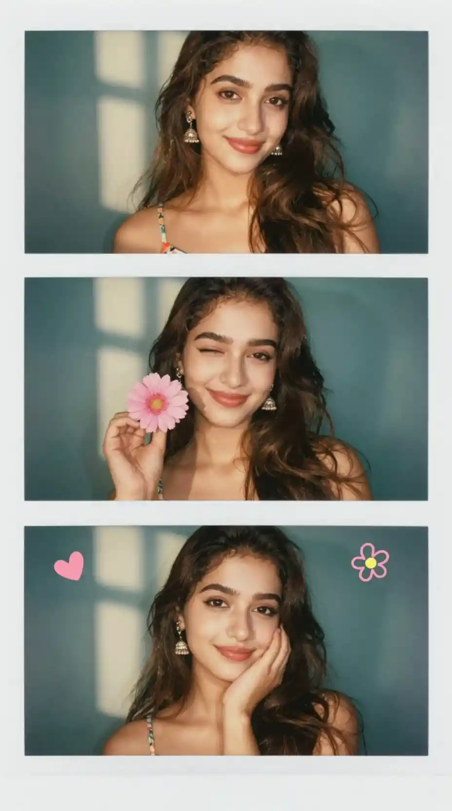 A young south asian girl poses in a three panel selfie collage