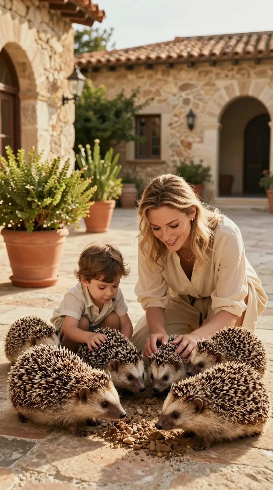 A hedgehog family forages beneath golden hour light in a courtyard