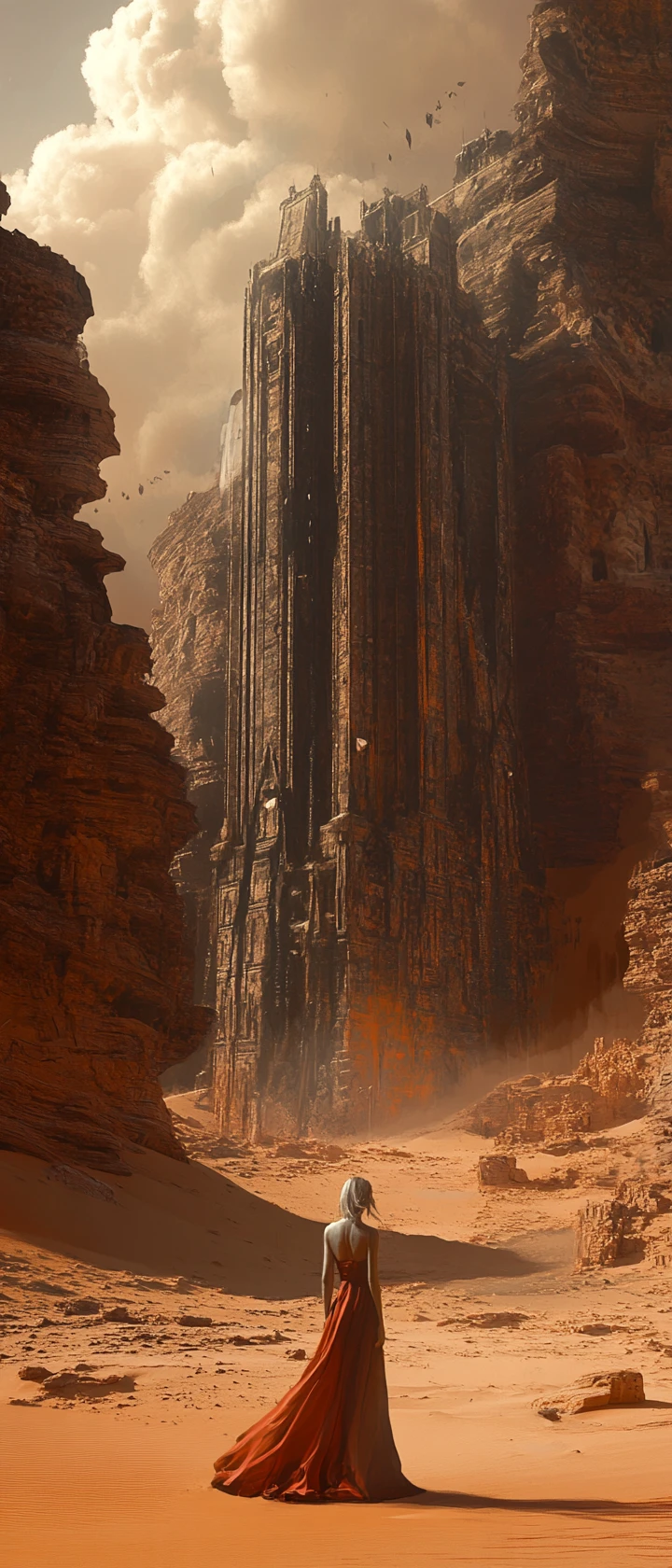 A spectral figure in haute couture stands amid ancient desert ruins