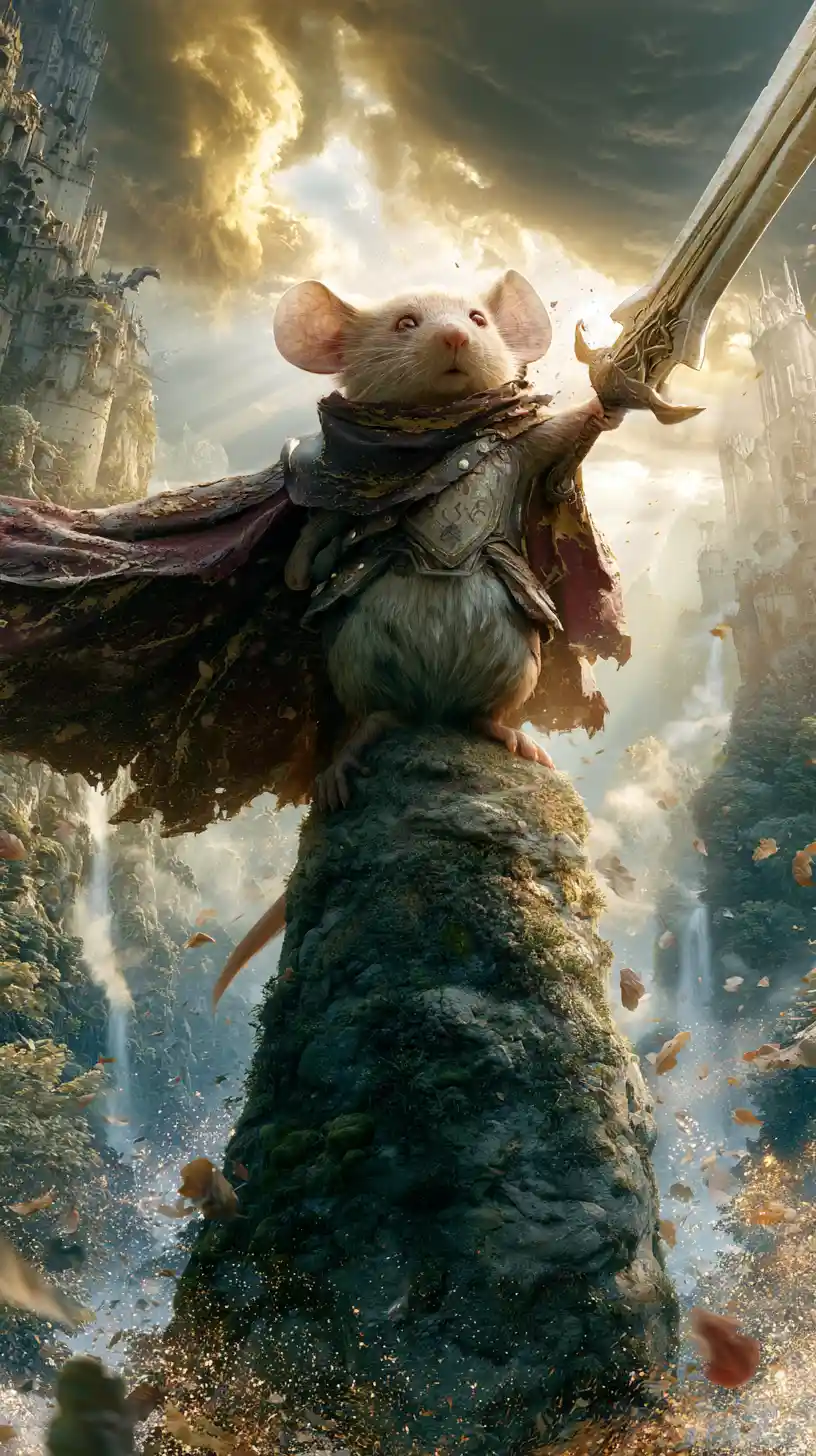 Un héroe ratón intrépido se alza con una espada sobre un antiguo pilar de piedra