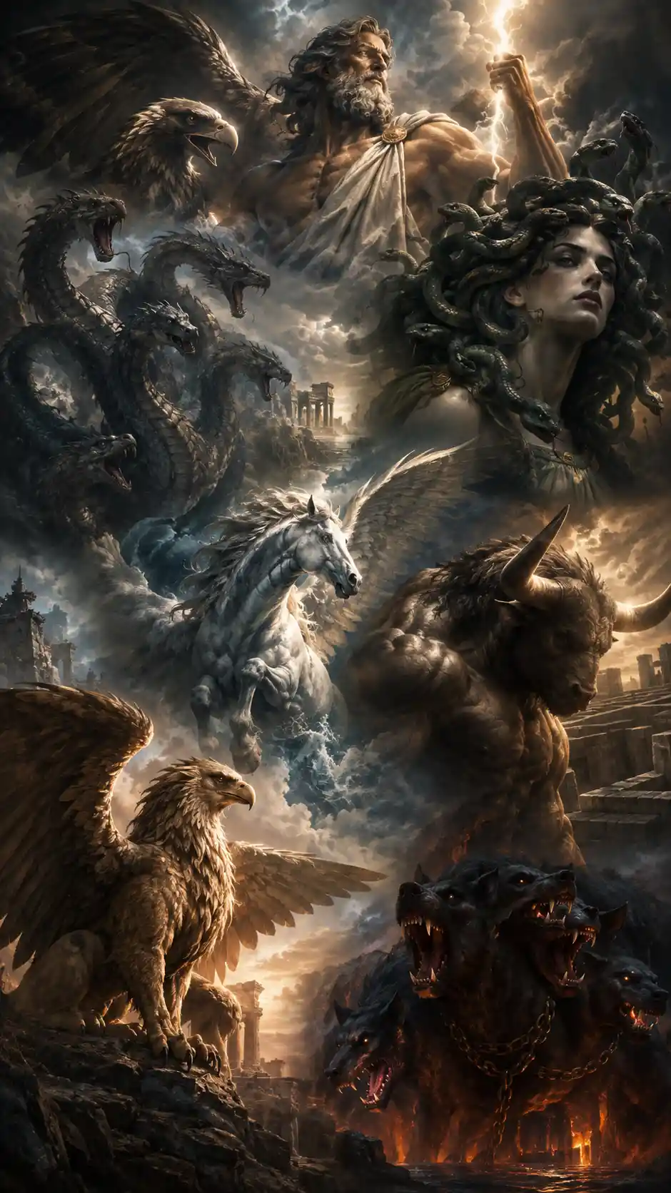 A dark collage of mythical creatures from Roman mythology