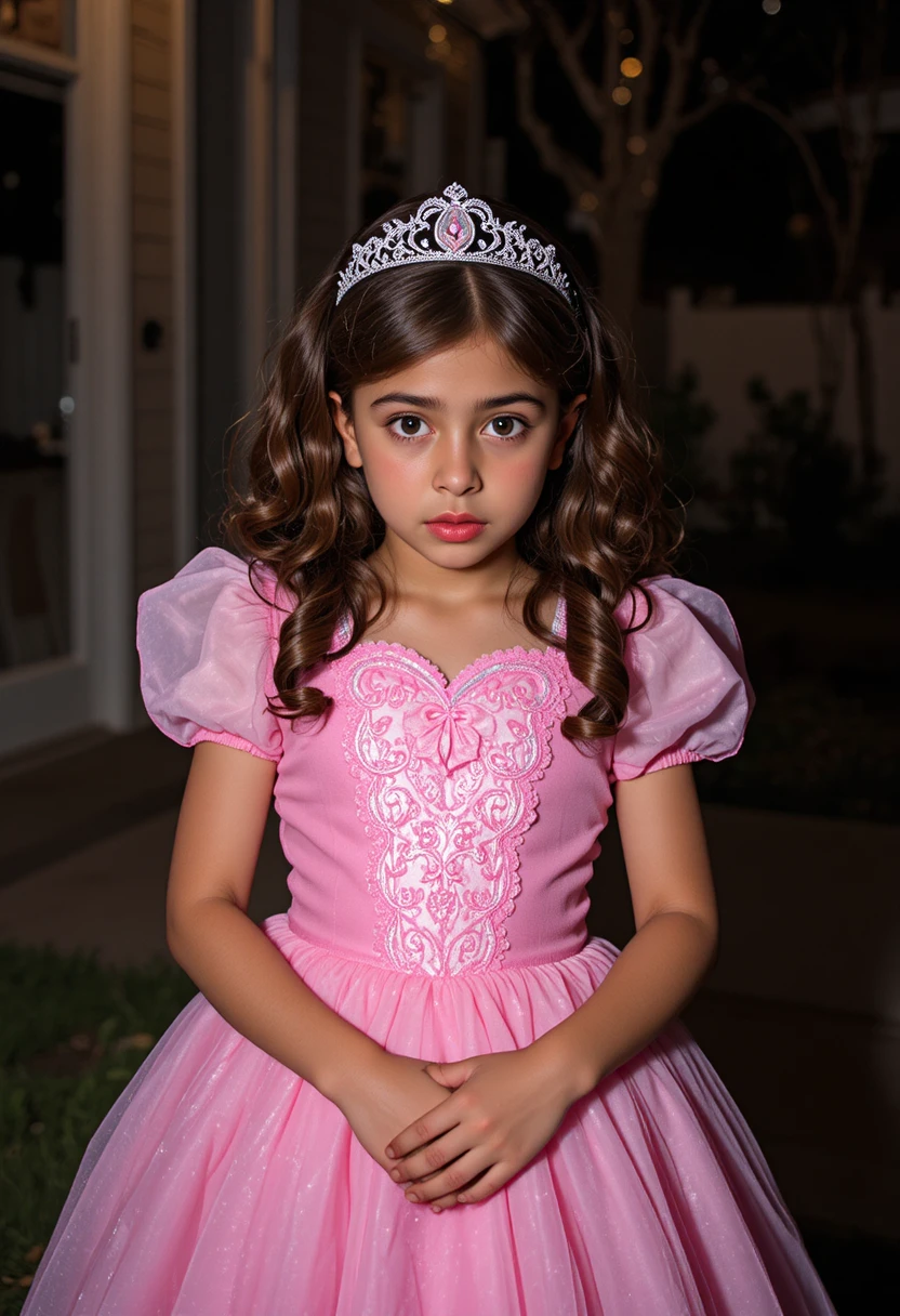 A nervous boy trick or treats in a pink princess dress