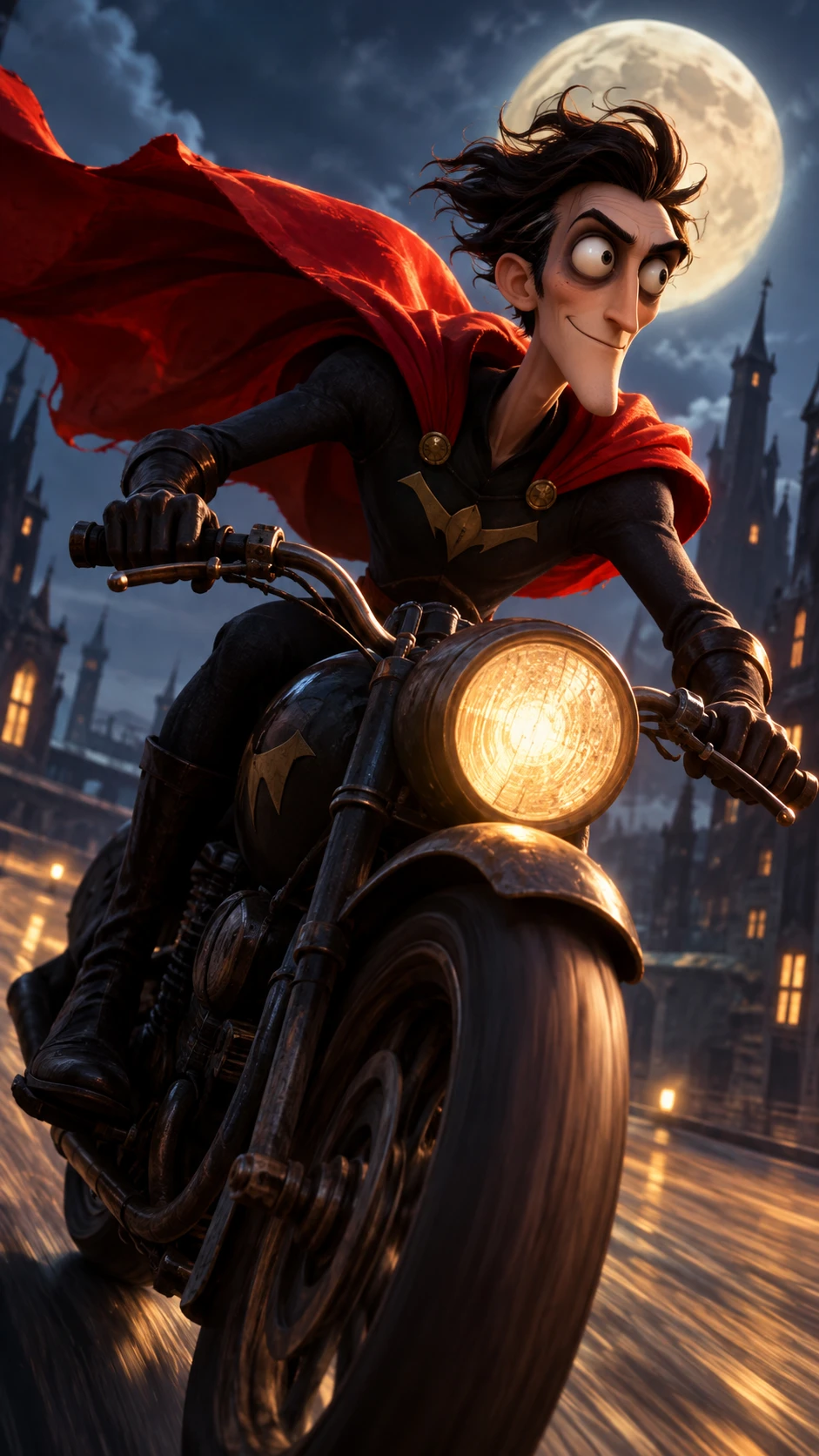 A Caped Superhero Rides a Motorcycle in a Stylized Animated Scene