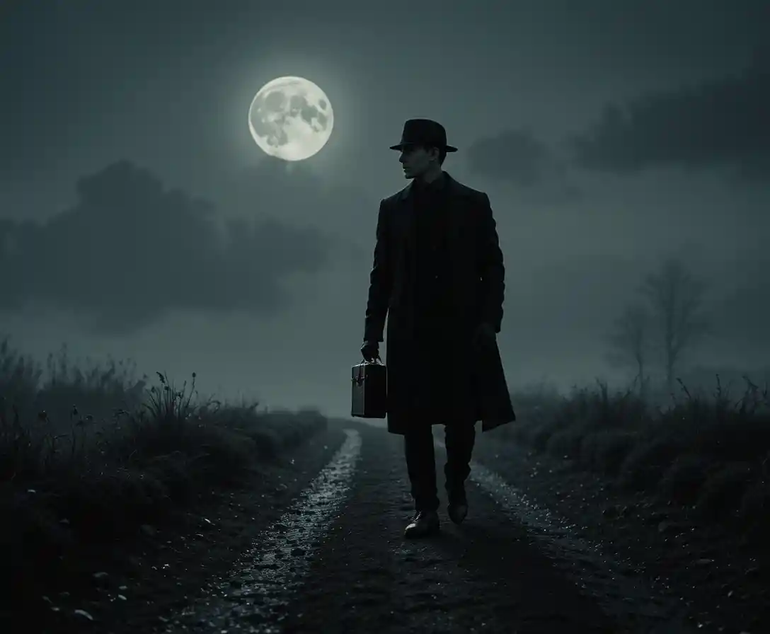 Un hombre solitario sube por un sendero iluminado por la luna con un maletín