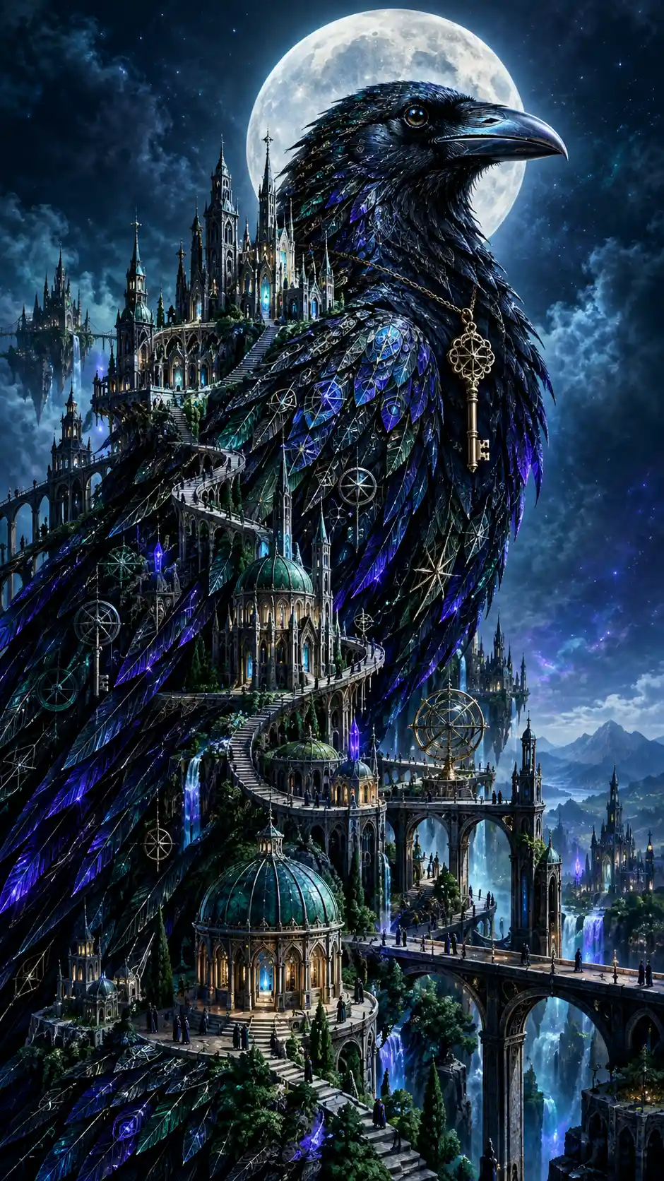 A black raven perched above a miniature city of gothic towers
