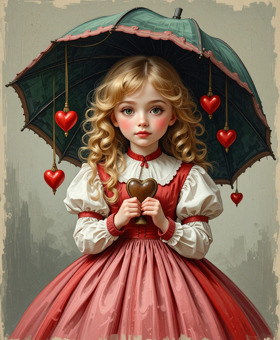 A Victorian girl holds a heart locket beneath a heart adorned umbrella