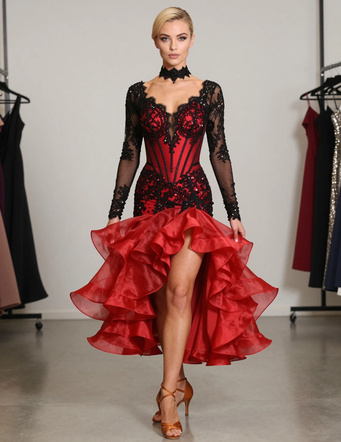 Una joven posa en un estudio con un espectacular vestido de gala rojo