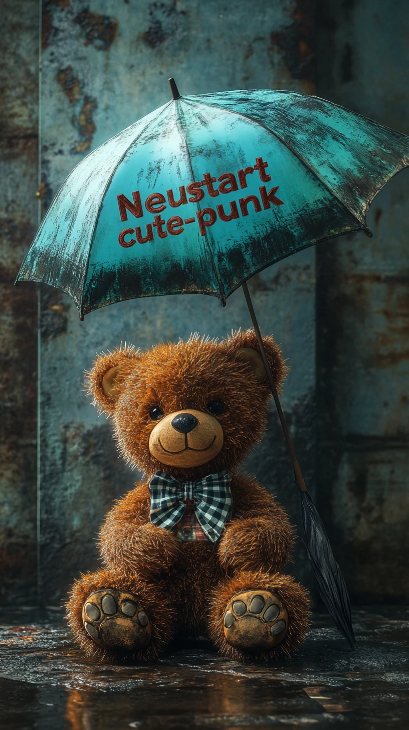 A teddy bear in a plaid bow tie beneath an umbrella