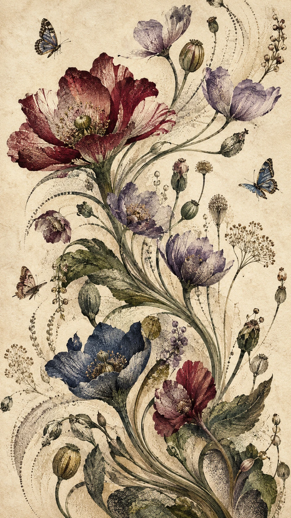 Abstract Botanical Garden With Repeating Flowers And Gracefully Curving Stems