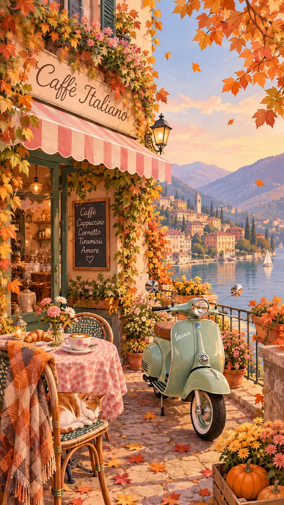 Una scooter sonriente junto a una acogedora cafetería italiana junto al lago en otoño