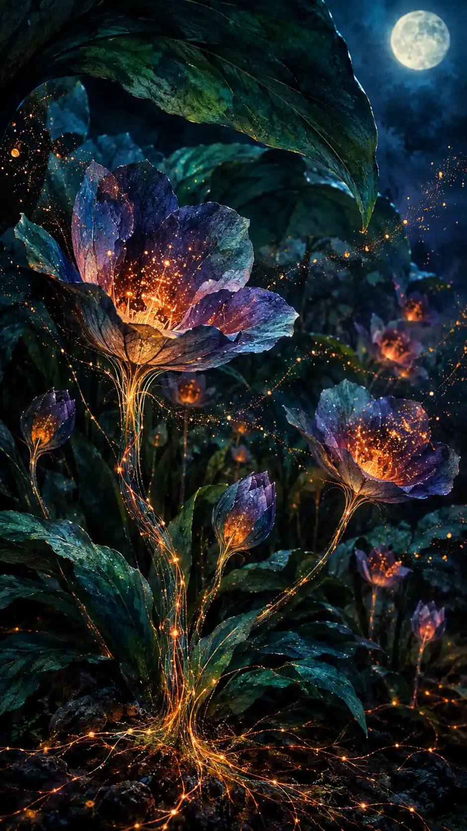 Glowing Flowers Illuminate a Nocturnal Botanical Garden Beneath Enormous Dark Leaves