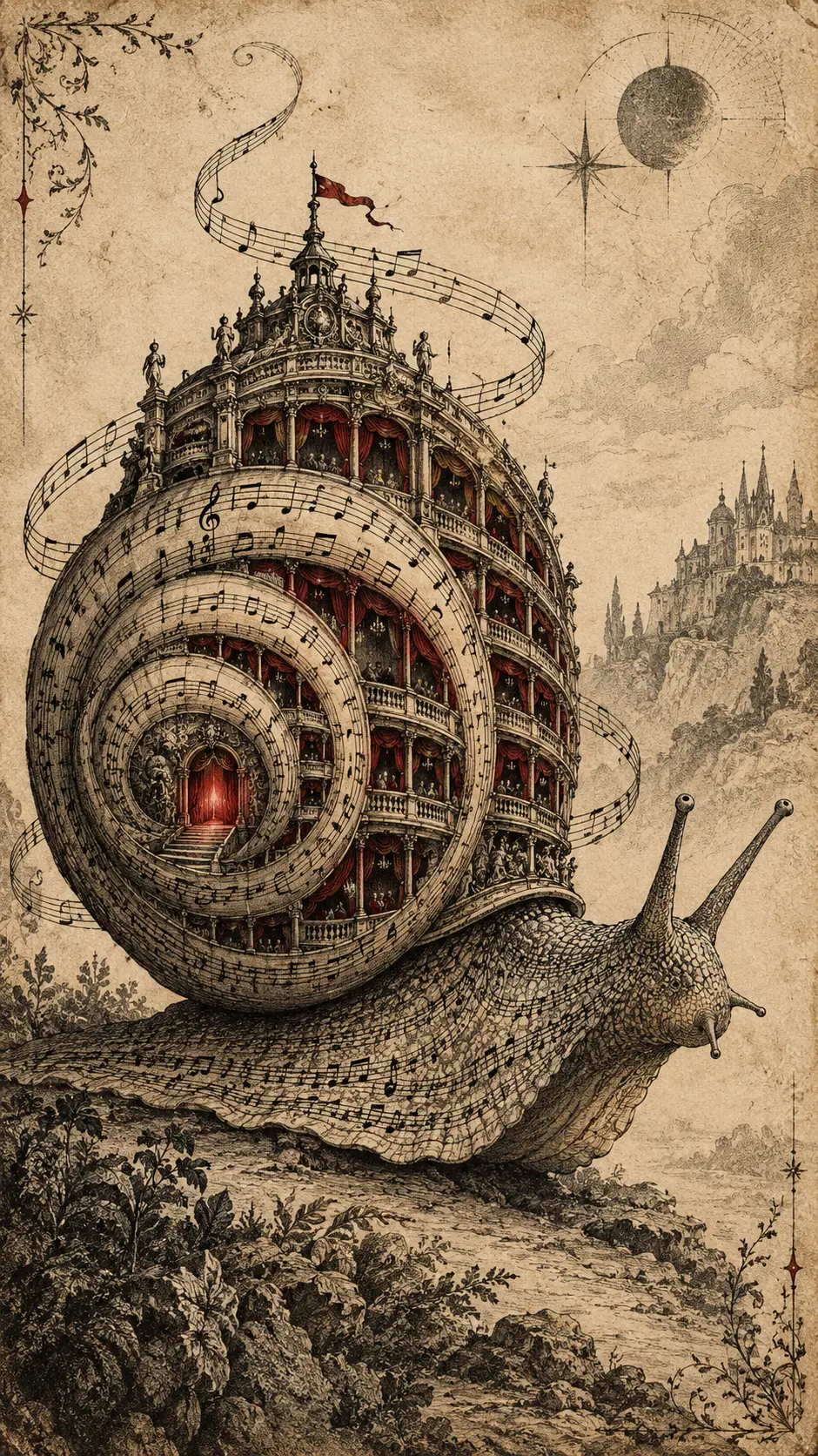 Un caracol gigante cruza el pergamino con un caparazón con forma de ópera