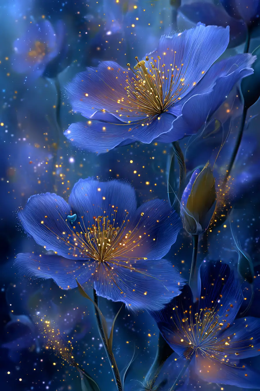 Glowing blue bellflowers shine with golden details in a fantasy artwork