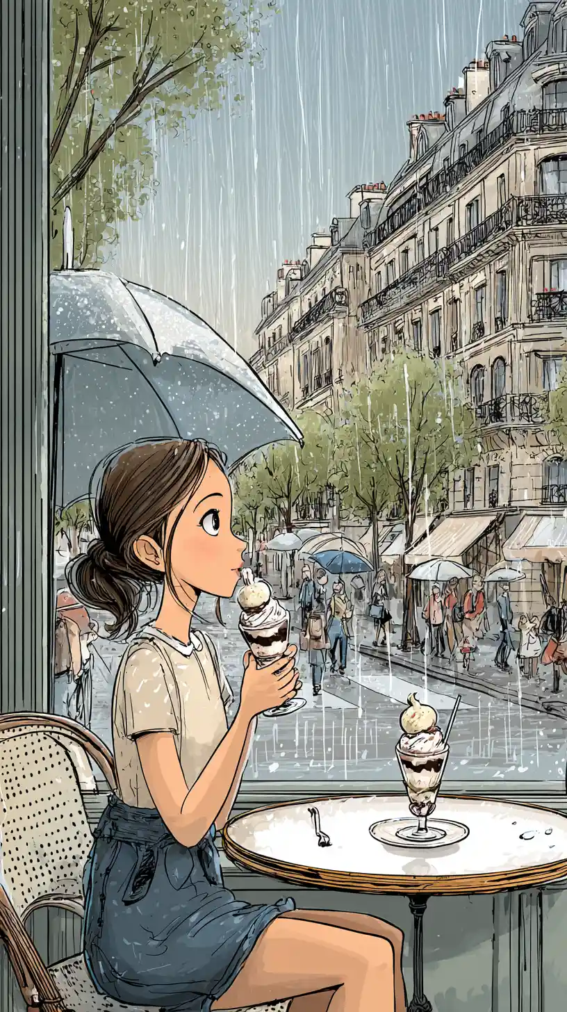 A Young Woman Enjoys Ice Cream at a Parisian Café on a Rainy Day