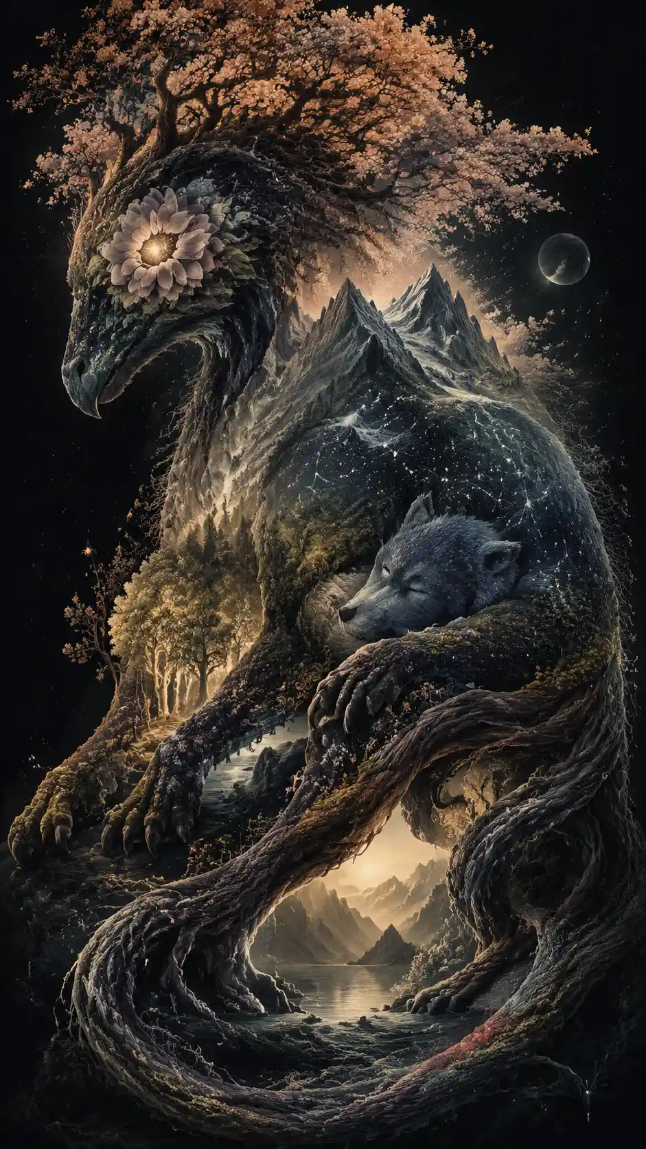 A fantastical creature blending a flowering tree, sleeping animal, and starry landscape