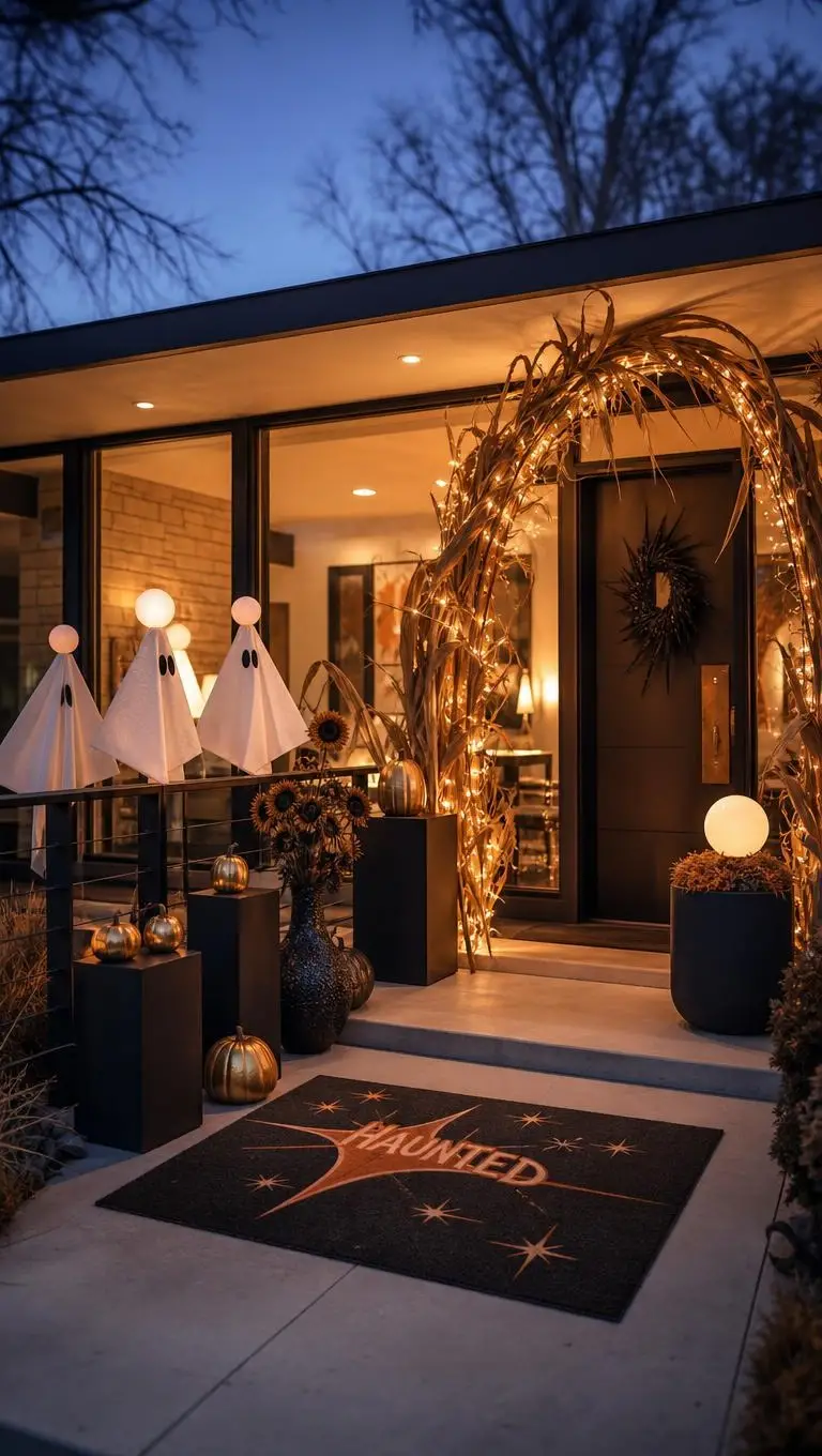 Porche de una casa estilo rancho de mediados de siglo transformado con una alegre decoración de Halloween
