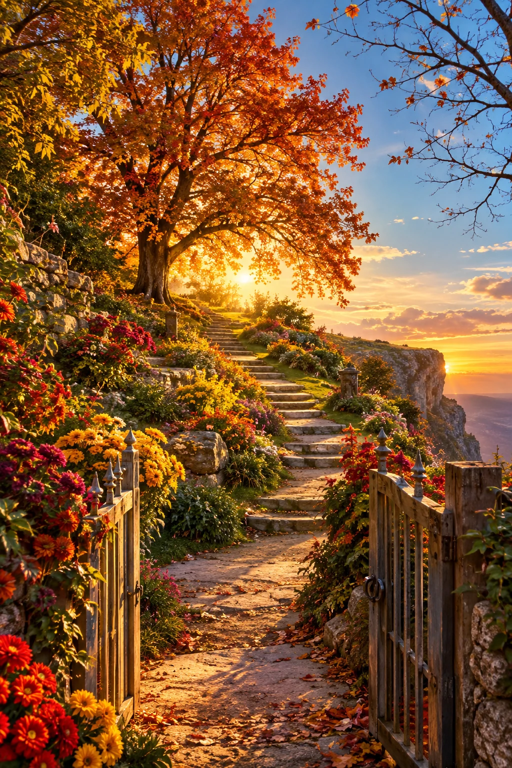 A winding garden path climbs past fall flowers and a majestic tree