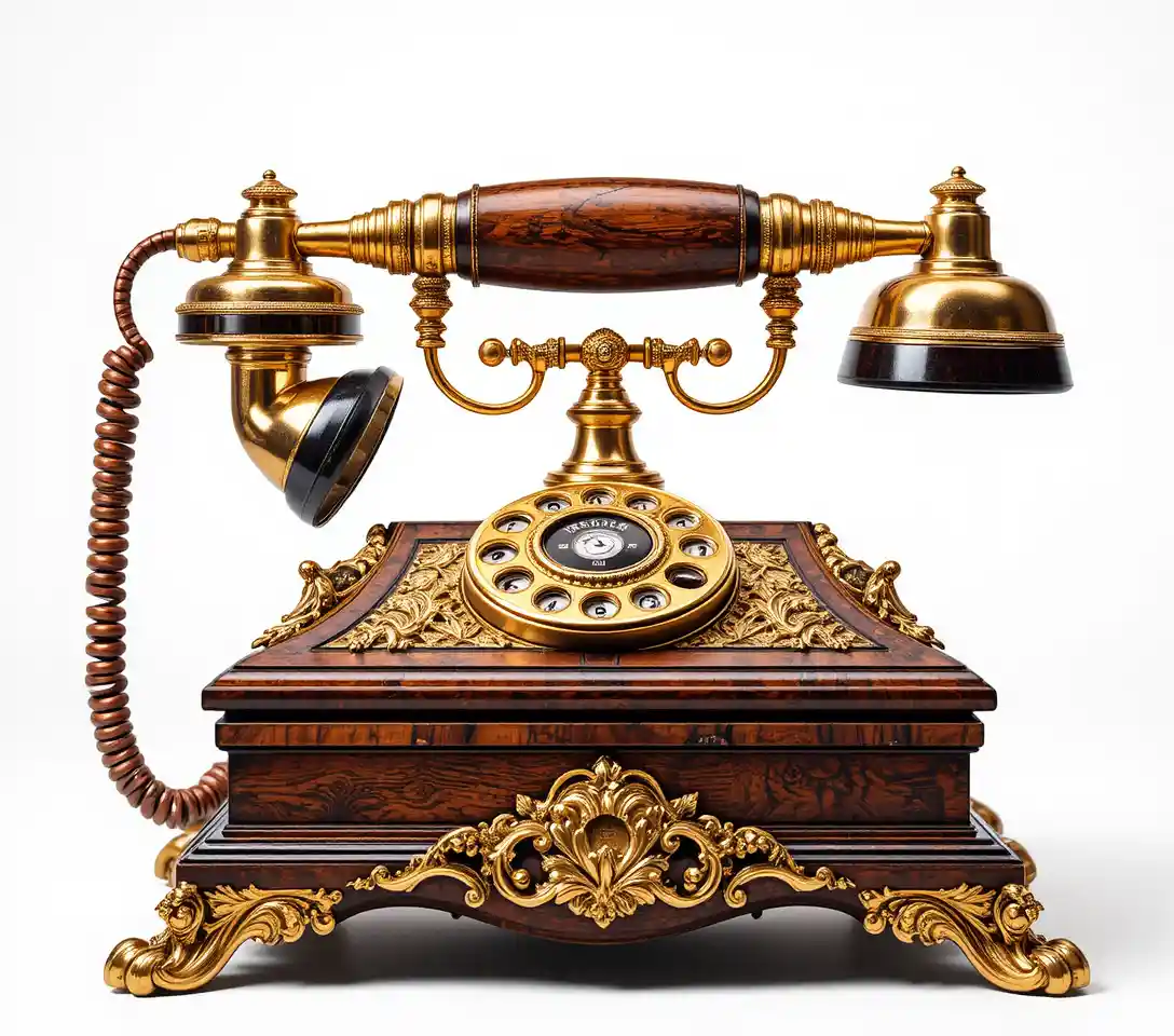 An ornate vintage wooden telephone with gilded details on a white backdrop