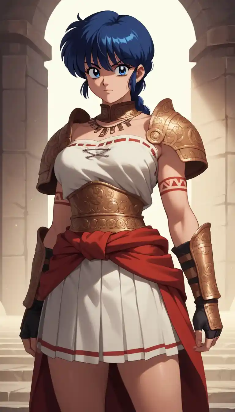Anime princess with tribal tattoos wears armor and a pleated mini skirt