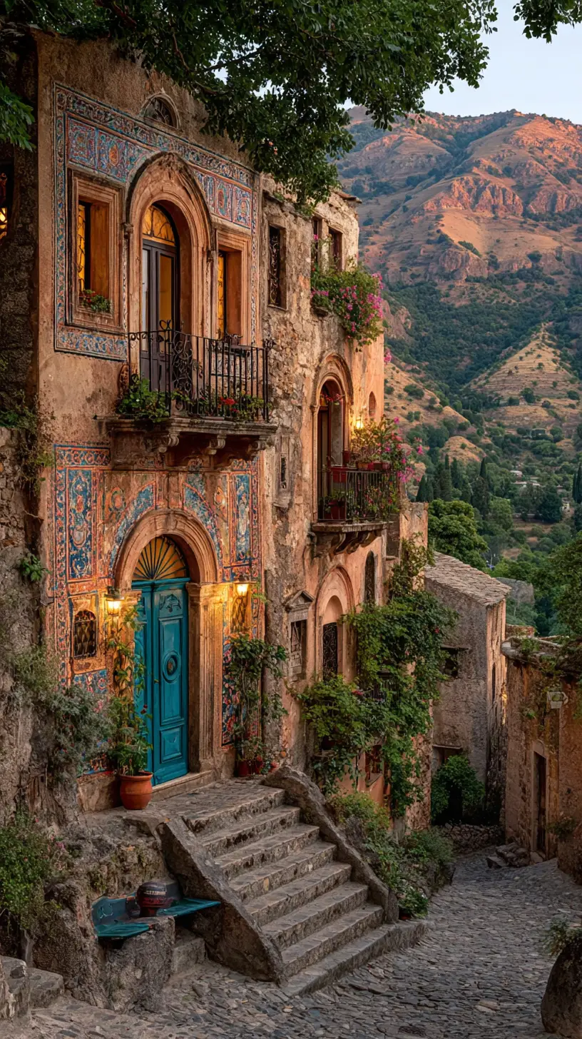 Un tranquilo pueblo en la ladera con tres casas adosadas en terrazas