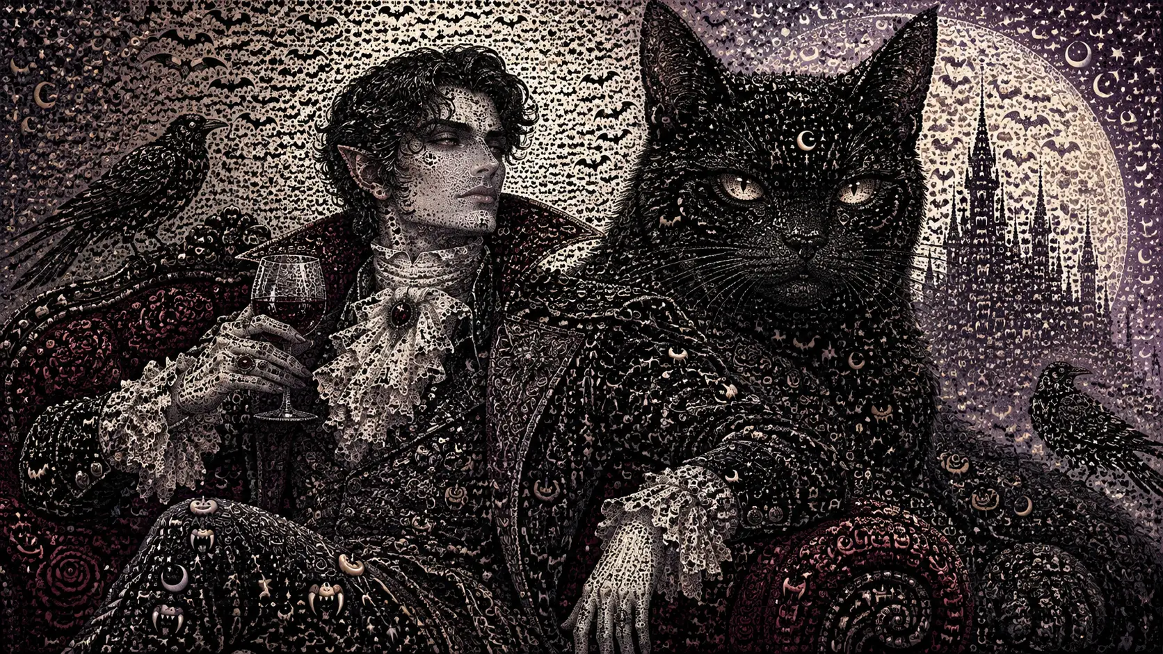 A vampire sits beside an enormous black cat in gothic portraiture