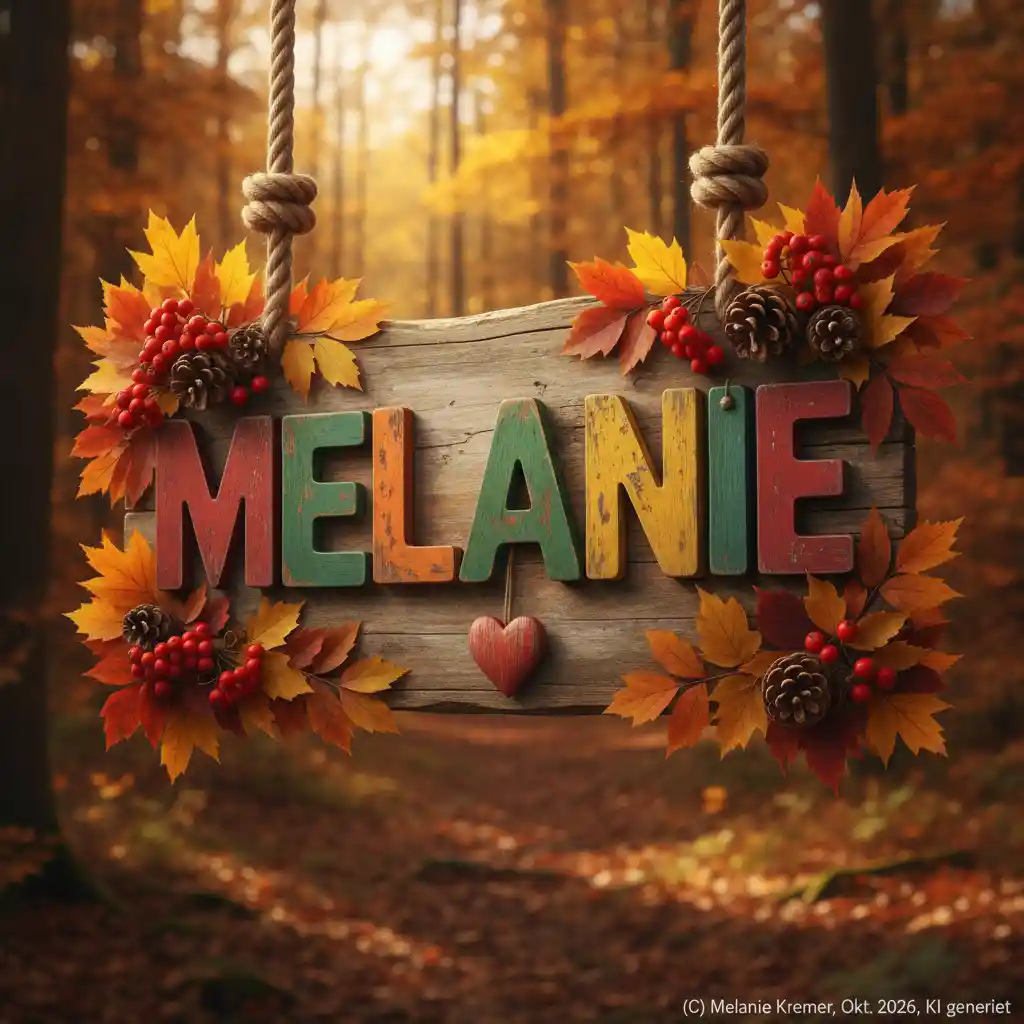 Rustikales Holzschild mit dem Namen Melanie zwischen Herbstlaub und Beeren