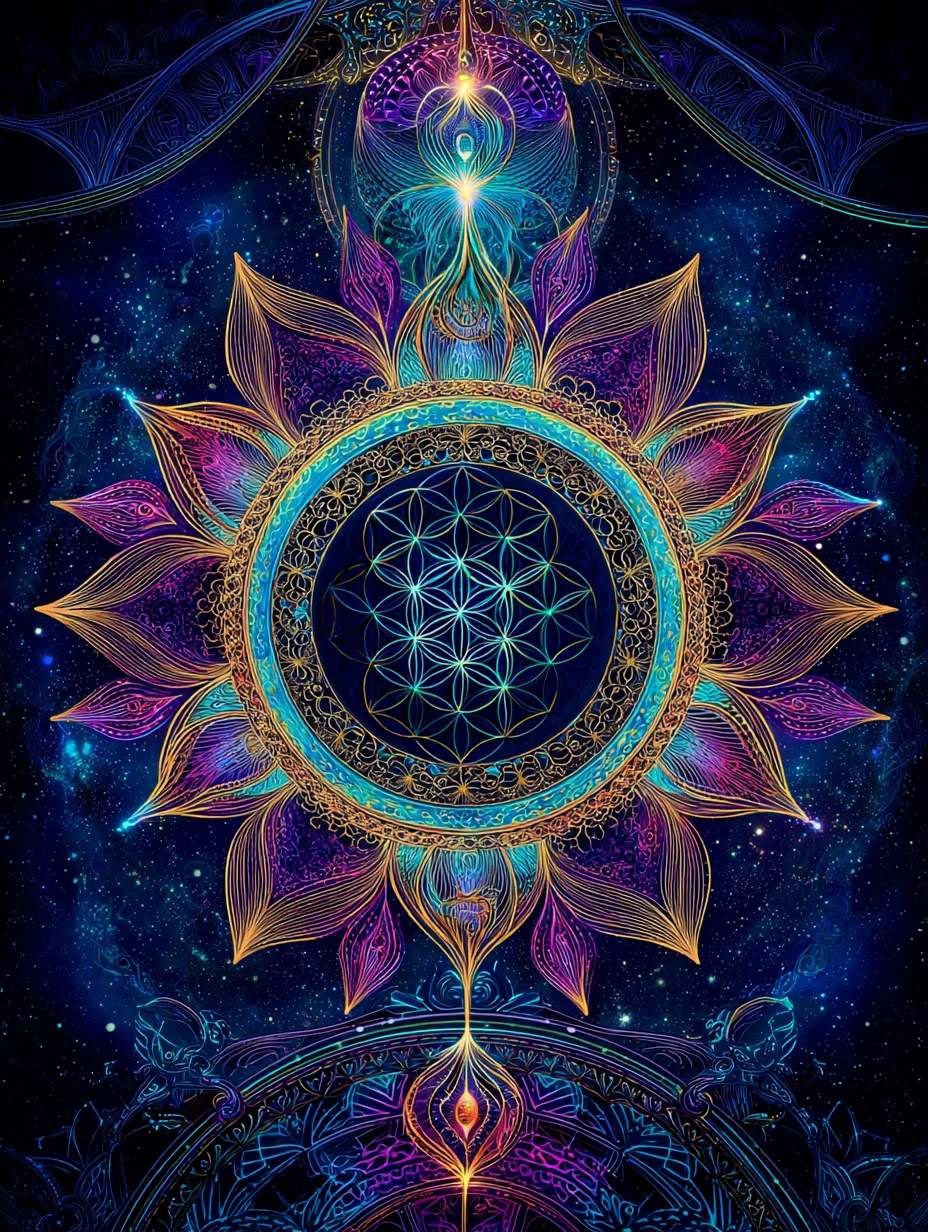 Ein leuchtendes kosmisches Mandala vor einem indigoblauen Sternenhimmel