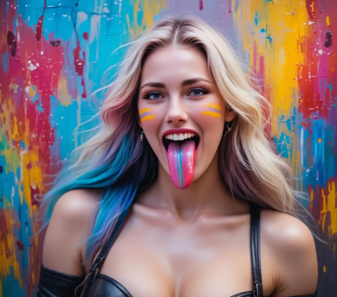 Une fille tire la langue, colorée en bleu, rouge et jaune